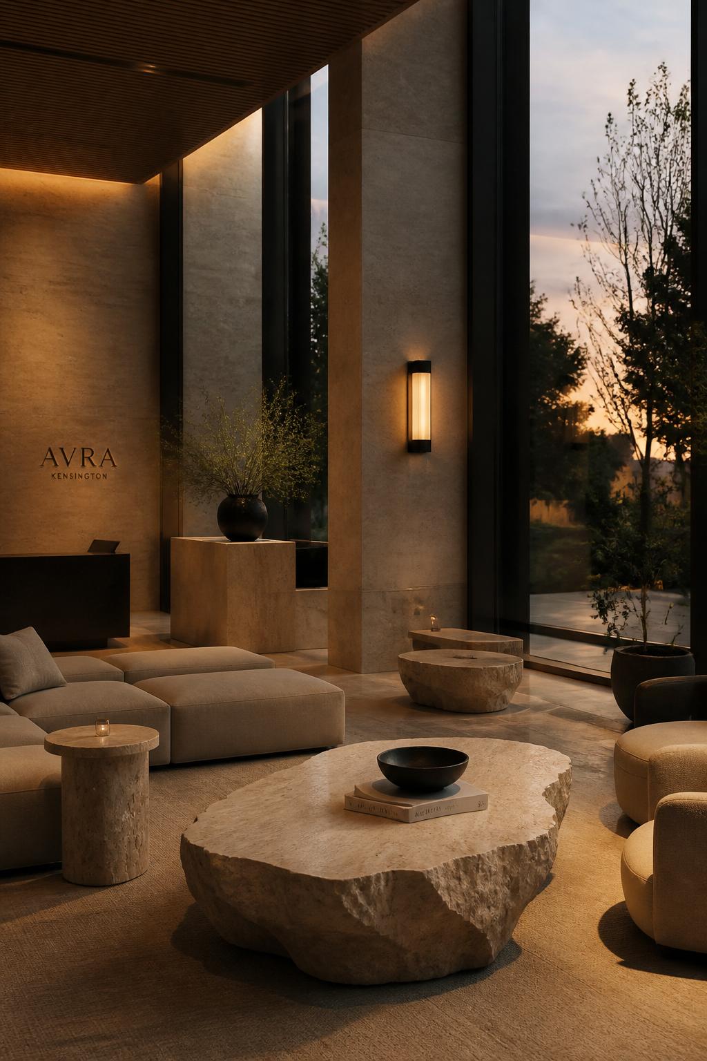 Atmospheric editorial photograph of a luxury hotel lobby at dusk